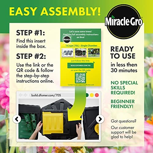 Miracle-Gro assembly instructions with QR code and product image.