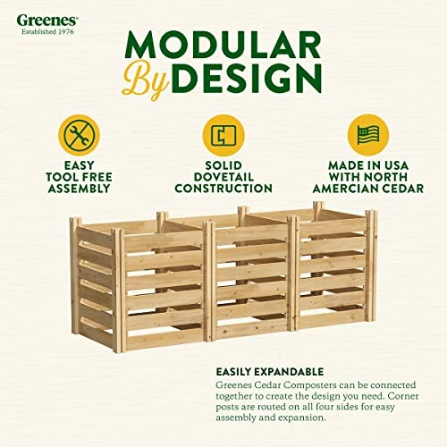 Three-section modular wooden composter with text highlighting features like easy assembly and North American cedar.