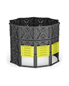 Modular black compost bin with yellow doors