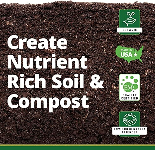 Nutrient rich soil and compost with organic certification icons.