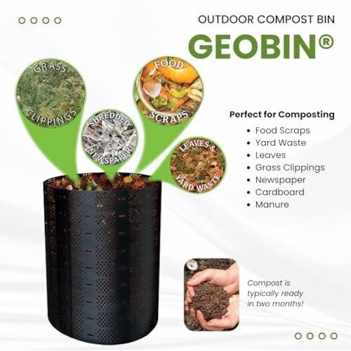 Infographic of GEOBIN outdoor compost bin with compostable materials.