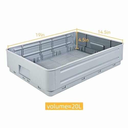 Plastic storage box with dimensions 19in x 14.5in x 4.5in, volume approximately 20L.