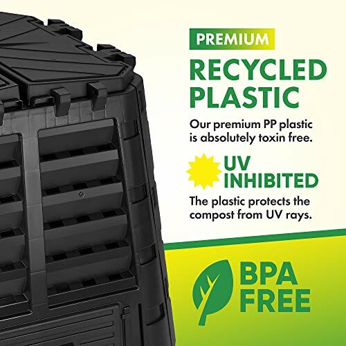 Compost bin made from premium recycled plastic, UV inhibited, BPA free.