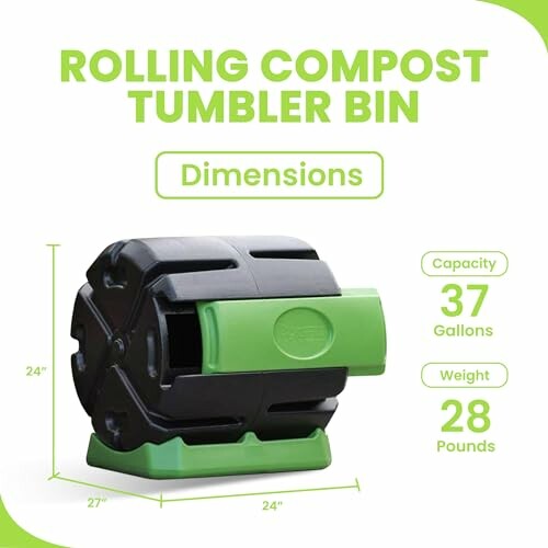 Rolling compost tumbler bin with dimensions and capacity.