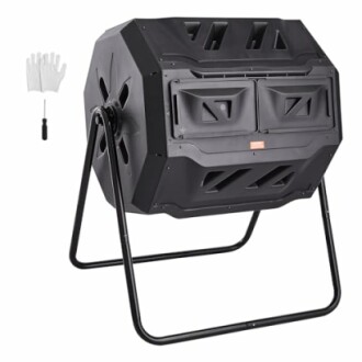 Rotating compost bin with stand and gardening gloves.