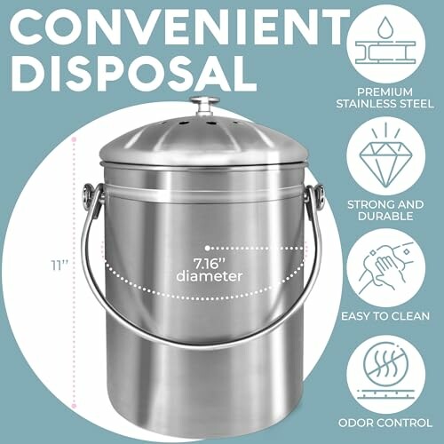 Stainless steel compost bin with labeled features like premium material, durability, easy cleaning, and odor control.