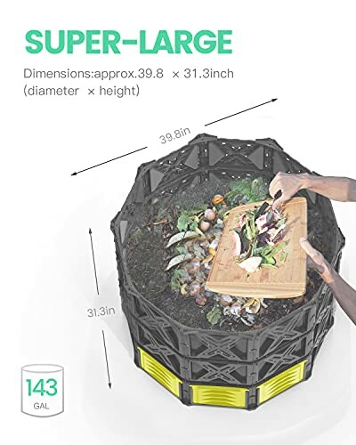 Large compost bin with food scraps being added, dimensions 39.8 by 31.3 inches.