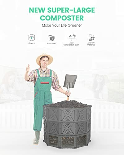 Person with spade next to a large composter bin