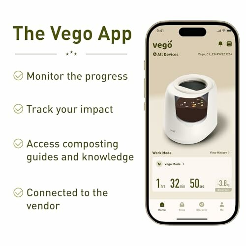 Vego app features with smartphone display showing composting process