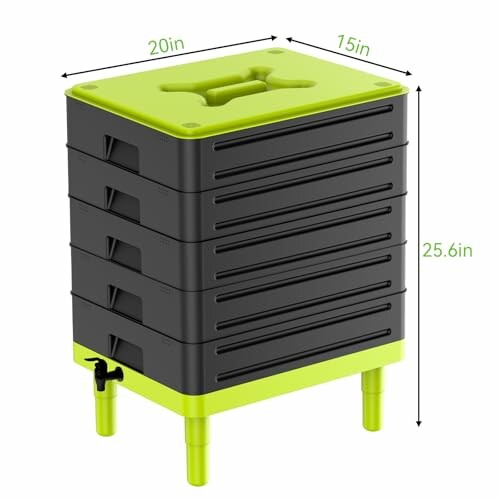 Stackable vermicompost bin with dimensions 20x15x25.6 inches.