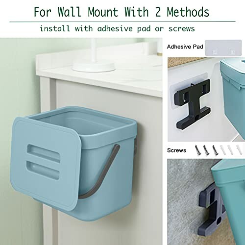 Wall Mount Trash Bin with Adhesive Pad and Screw Installation Options.