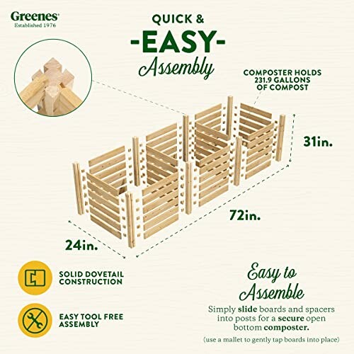 Wooden compost bin with easy assembly instructions and dimensions.