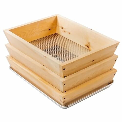 Wooden garden sifter with metal mesh and stackable trays