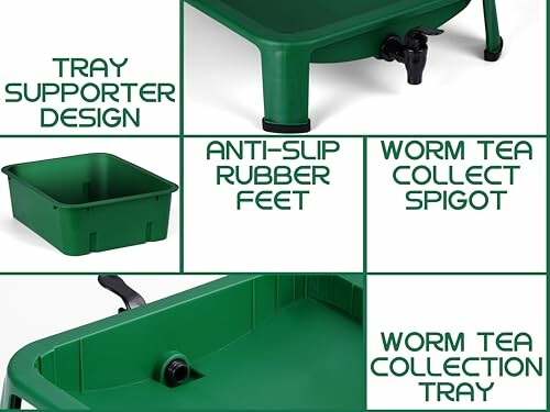 Green worm composting tray with anti-slip feet, spigot for worm tea collection.